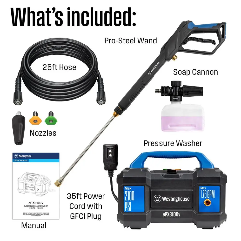 Electric Pressure Washer 2100 PSI 1.76 GPM Foam Cannon Steel Wand Carry Handle Portable Compact Cleaning Power