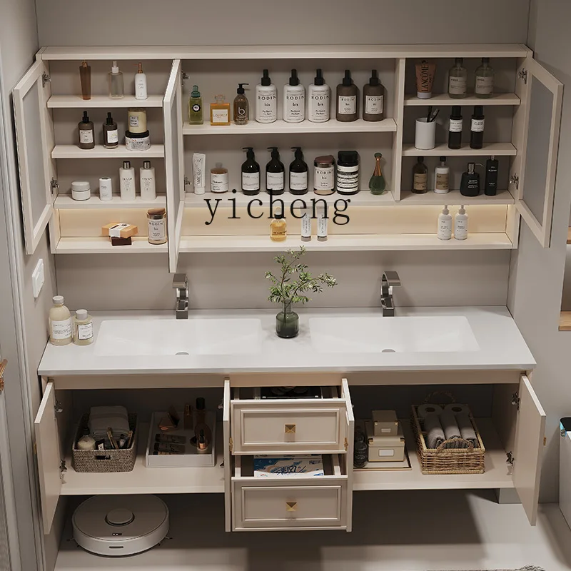 

rock slab integrated seamless basin bathroom cabinet combination cream wind oak washstand