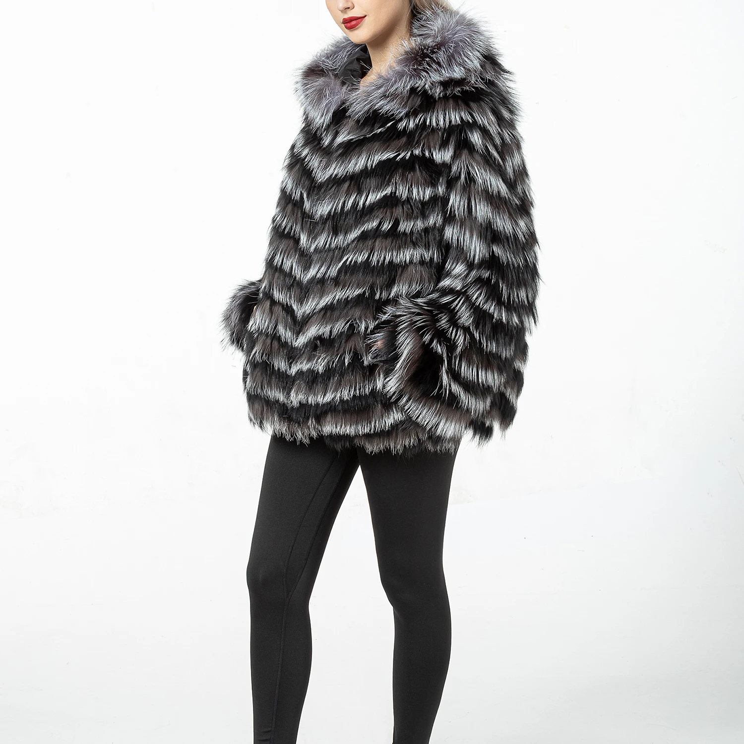 Gestreifter Mantel aus echtem Fuchspelz mit Kapuze für Damen, sehr dünne Oberbekleidung, Frühling und Herbst, B210908