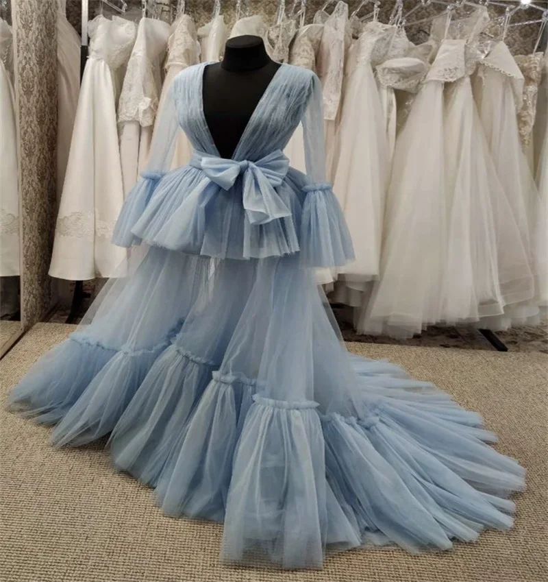 Women Prom Dress Sexy V Neck Full Sleeves A Line Belted Sleepwear Evening Gown Customized Tulle Mesh Formal Bridal Robe