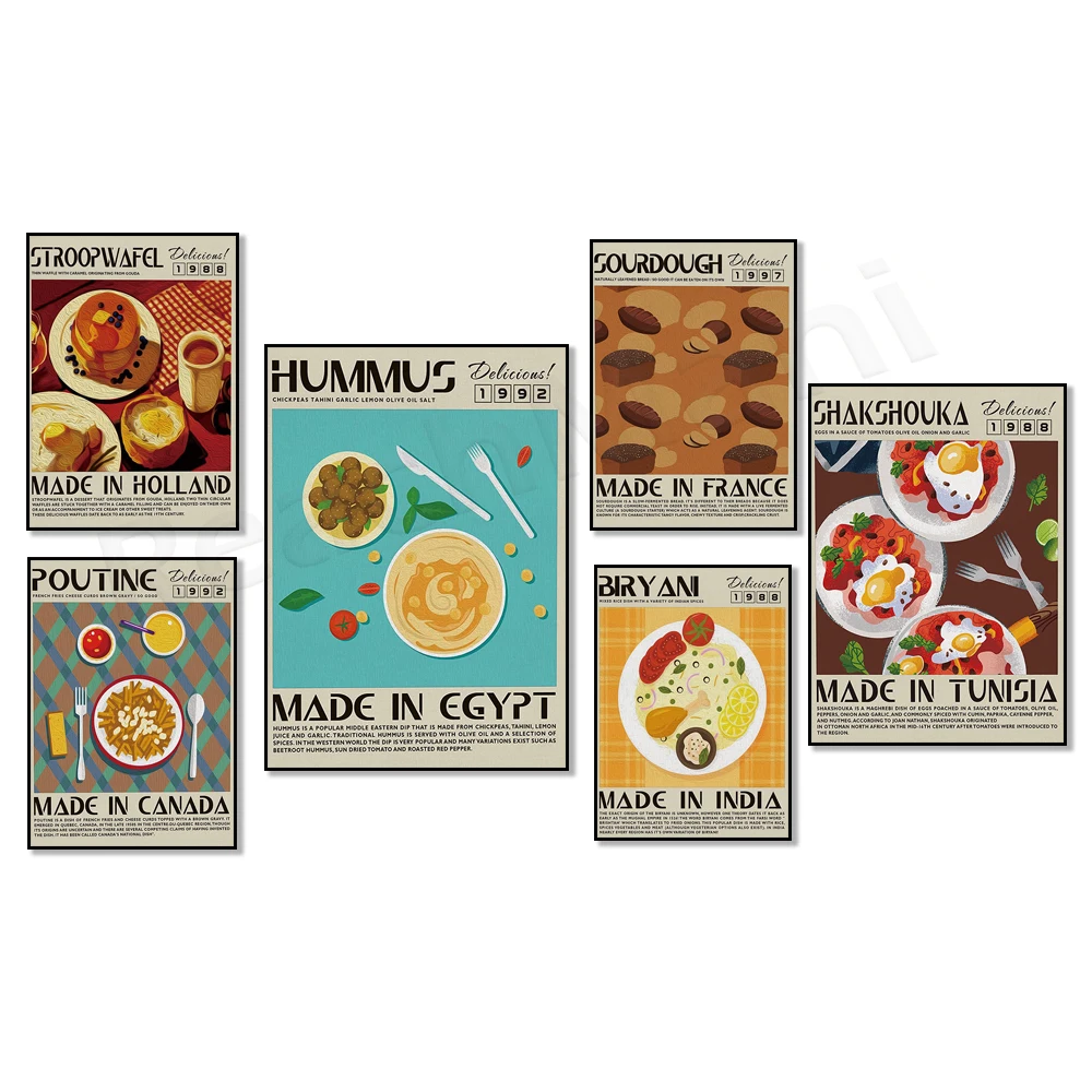 Divertido cartel de comida Pas Malai, falafel, pescado y patatas fritas, crema brulée, ravioli, hummus, carne coreana bibimbap, decoración de cocina