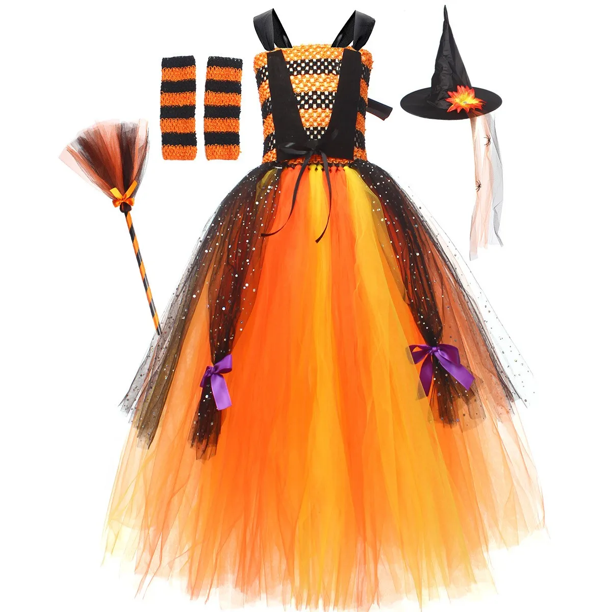 Vestido de Halloween para meninas, Cosplay Witch Costume, vestido de tiras amarelas Puffy Stripe, roupas infantis de festa de carnaval, chapéu e vassoura