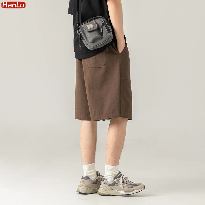 Men's Summer Casual Cargo Shorts Khaki Five-Point Pants with Large Pockets Japanese Retro Solid Color Trendy Sports Short