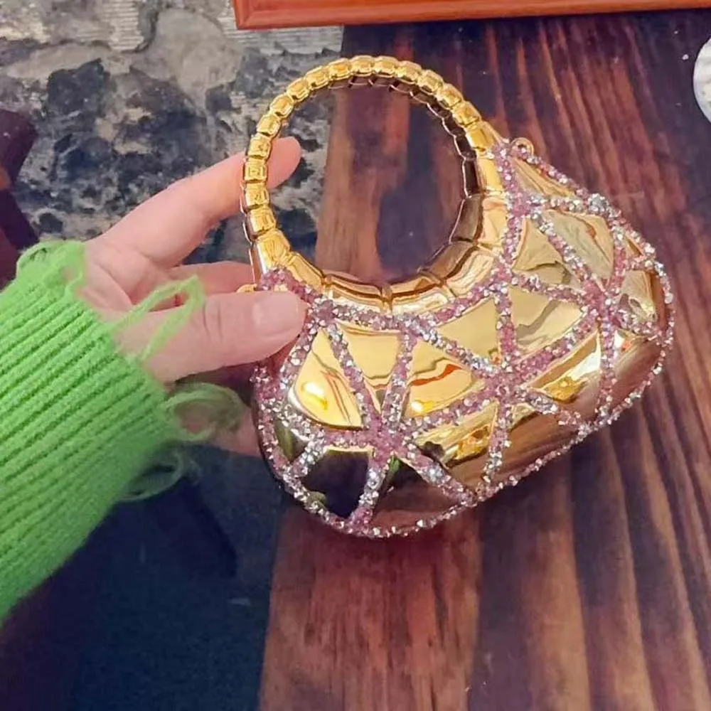 Crystal Embellished Crescent Evening Clutch High-shine Finish Geometric Pattern Rhinestone Box Purse Reflective Texture