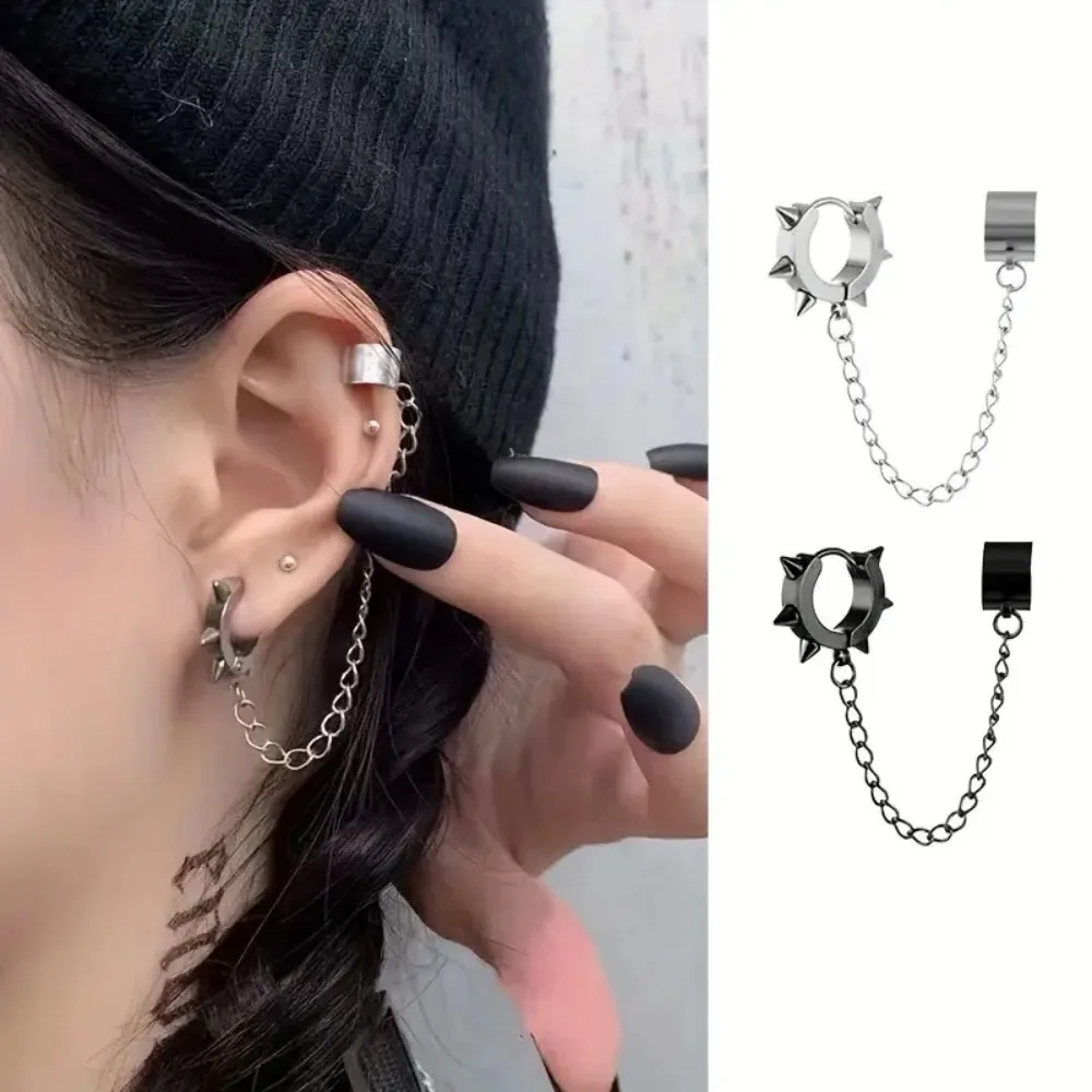 Stylish Punk Rivet Cone Ear Clips Trendy Hip-Hop Inspired Stainless Steel Chain Earrings with Edgy Desig Durable Construction