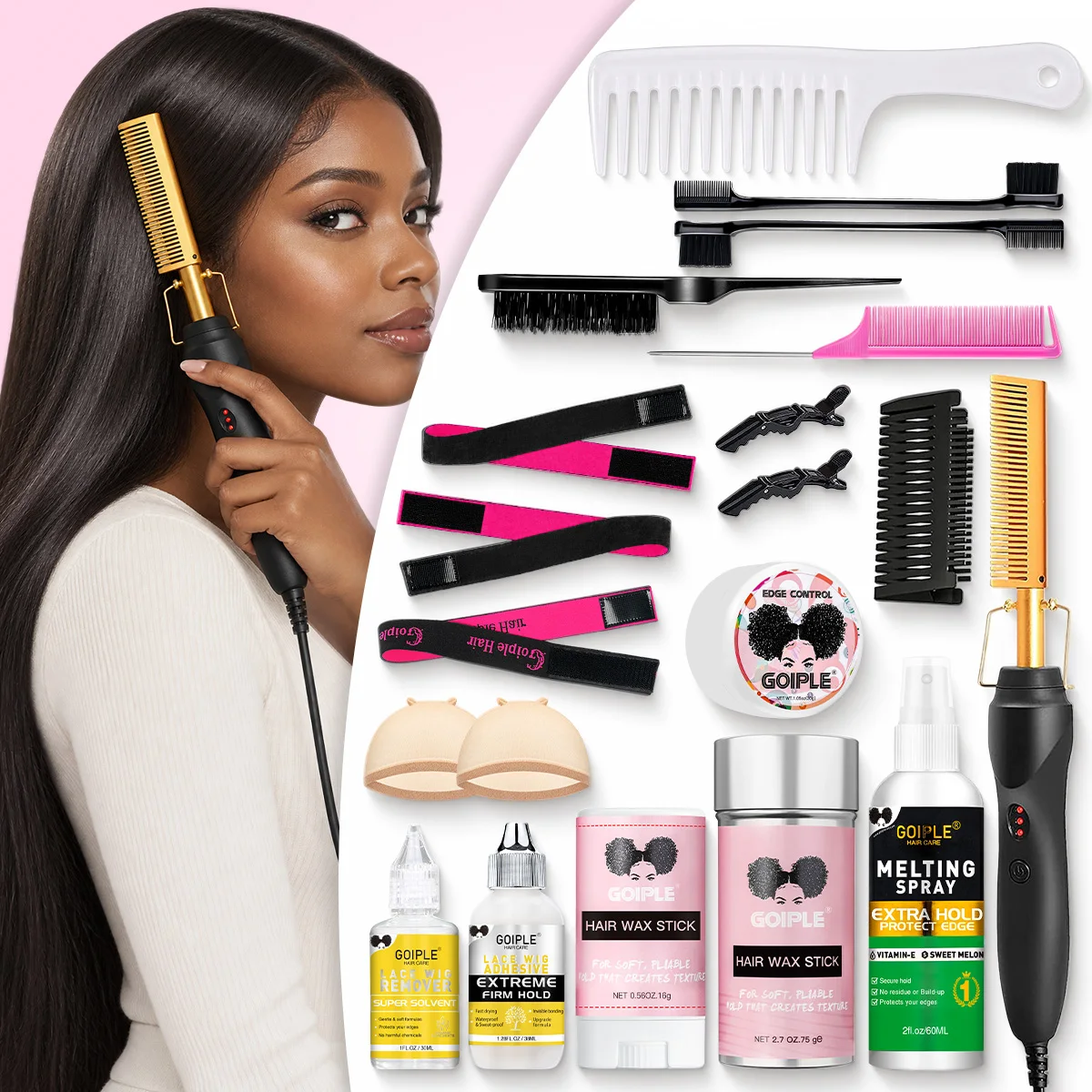 GOIPLE Electric Hot Comb Set, 3 Heat Settings Negative Ion Straightening Comb with Edge Styling and Lace Wig Accessories