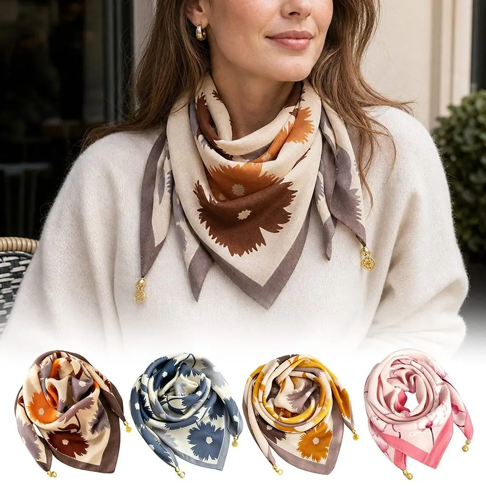New Magnetic Buckle Silk Scarf Floral Print Lightweight Floral Neck Kerchief Square Shape Pendant Tassel Scarf Travel Wear