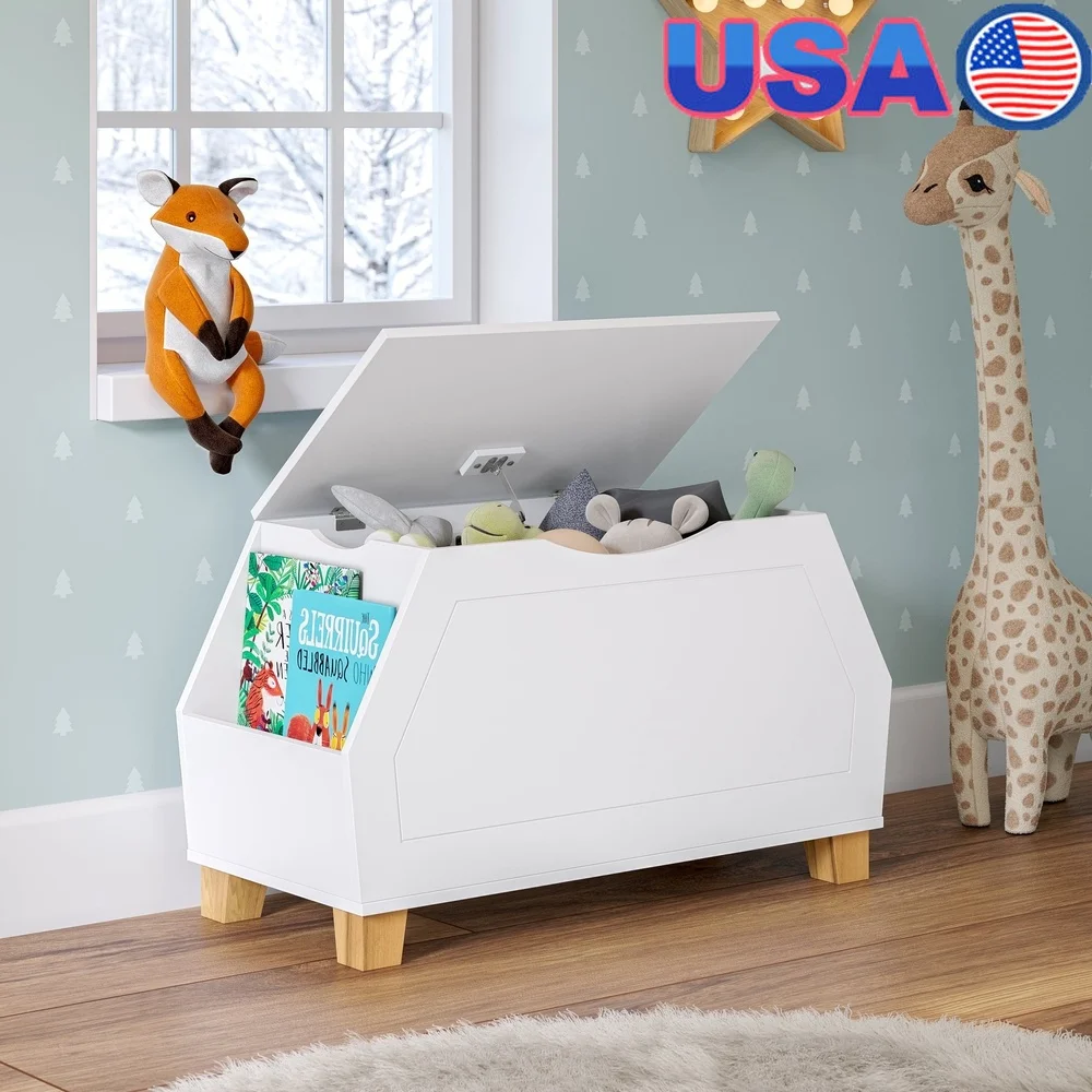 

Kids Toy Storage Organizer Box Playroom Bookshelf Child Safe Design Clutter Free Bright Space Durable MDF Pine Wood Hinged Lid