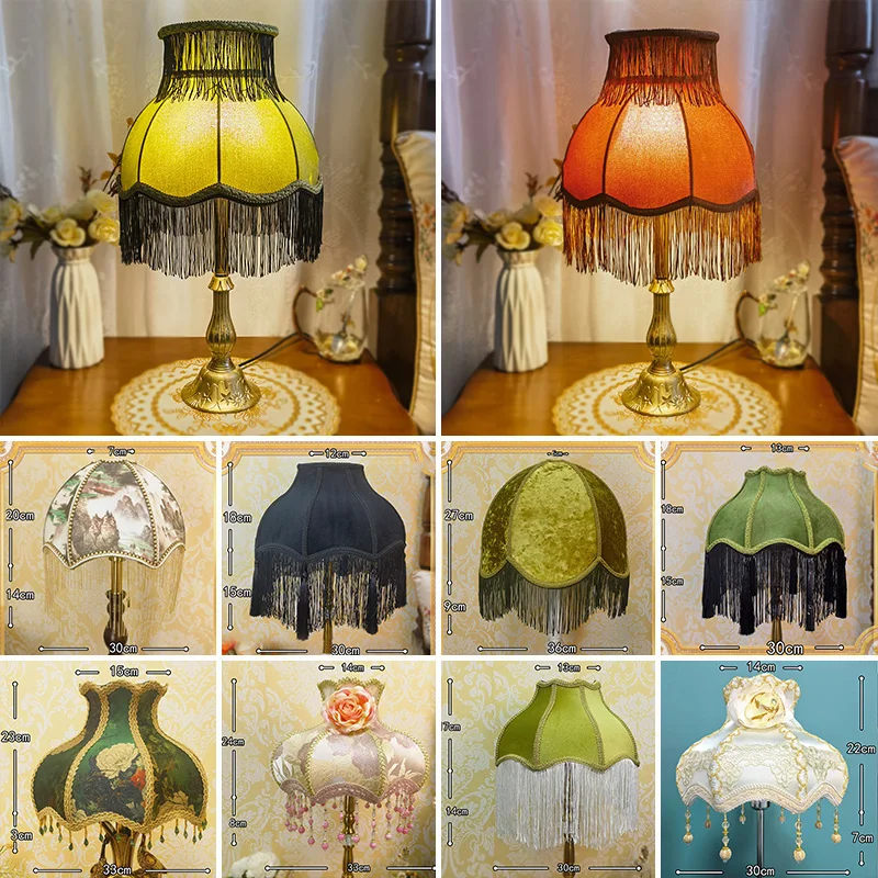European Lampshade with Tassels E27 Base Universal Replacement Shade Vintage Court Style DIY Lamp Cover for Table Floor Lamp