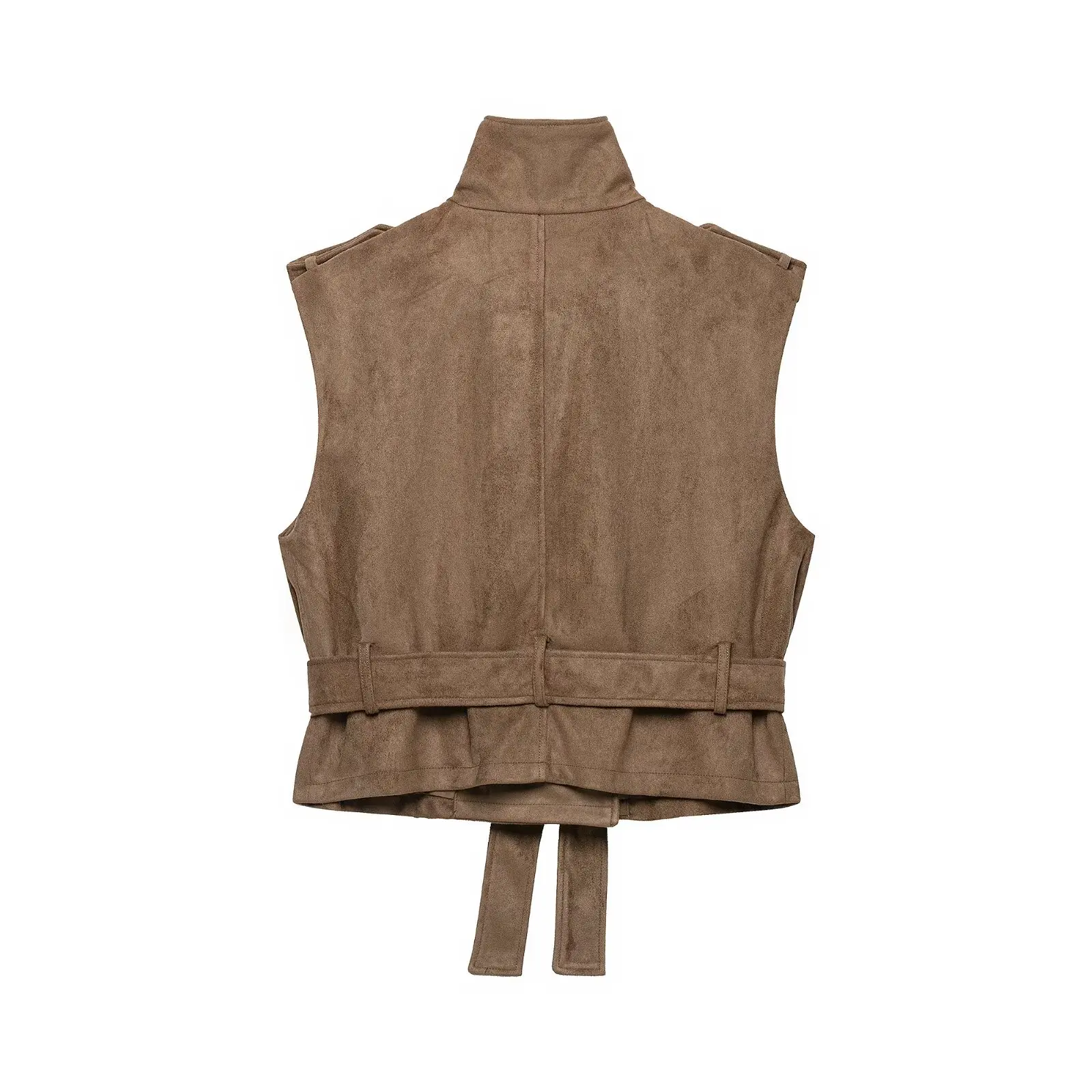 BSAY Vintage Faux Suede Waistcoat Women Double‑Breasted Stand Collar Shoulder Epaulets Sleeveless With Belt Cropped Casual Vest
