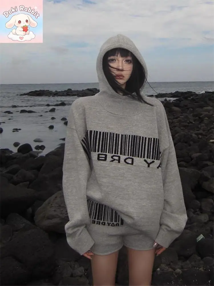 Autumn Winter Harajuku High Street 2 Piece Set Women Knit Tops + Gray Mini Shorts Chic Y2k Korean Fashion American Retro Outfits