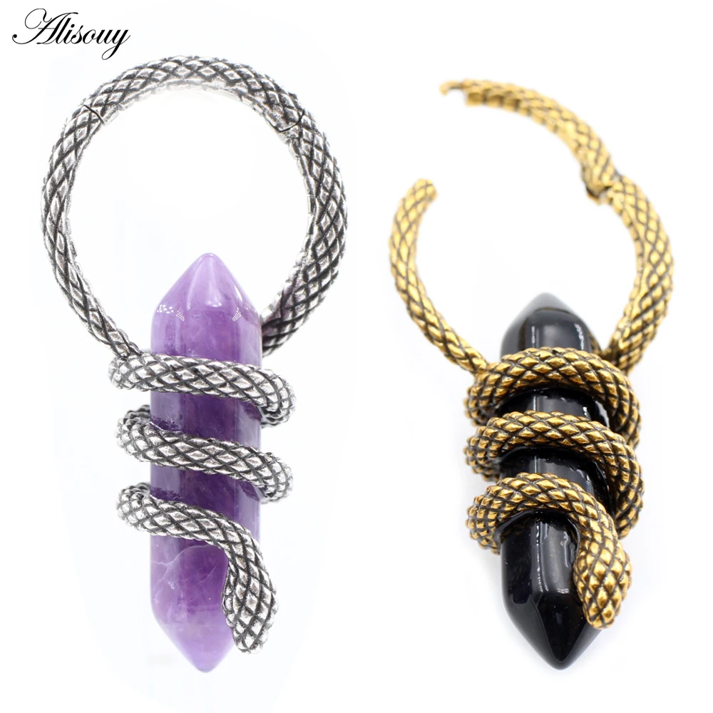 Alisouy 1PC Copper Snake Inlay Crystal Stone Hinged Ear Weight Expander Stretcher Plugs Gauges Earrings Body Piercing Jewelry