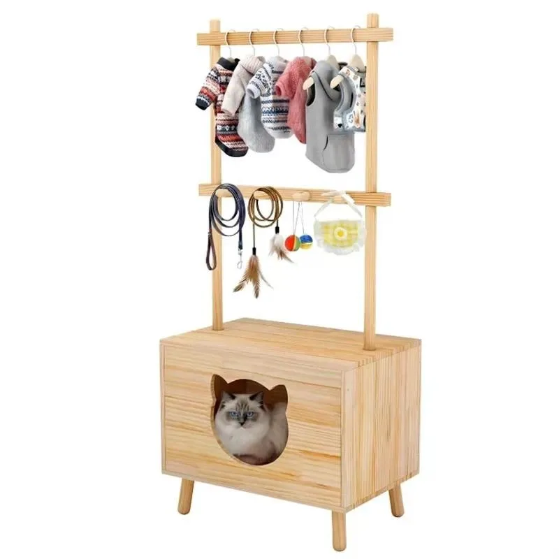 Multifunctional Modern Eco Friendly Wooden Cat Wardrobe Storage Rack with Solid Pine Cat House and Pet Hanger