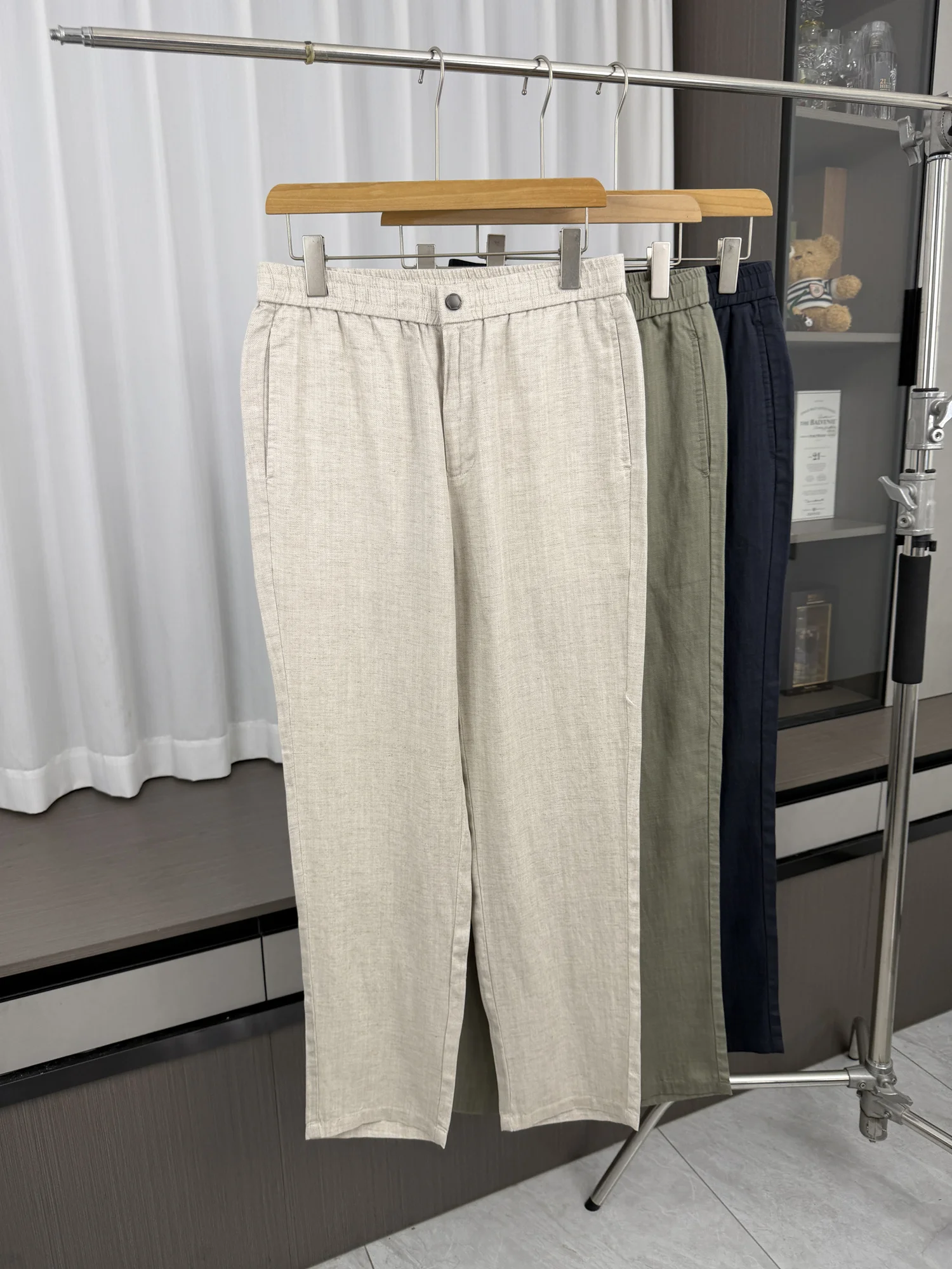 Italian Luxury Men's Casual Pants Loose Straight Leg Linen Mix Spring Summer High-End Feeling Classic Style Button Fly