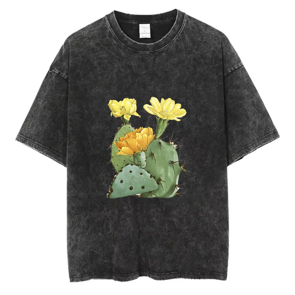 T-shirt décontracté à col rond et manches courtes, coupe ample, imprimé cactus, style désert botanique, doux et respirant, effet délavé vintage
