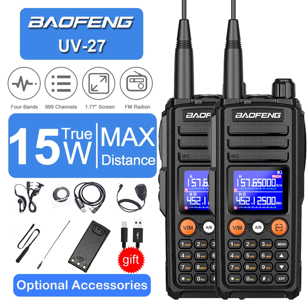 2PCS Baofeng Hunting Walkie-Talkie UV-27 15W Long Range Wirless Copy Frequency NOAA Two-Way Ham Radio VHF/UHF FM Portable Radio