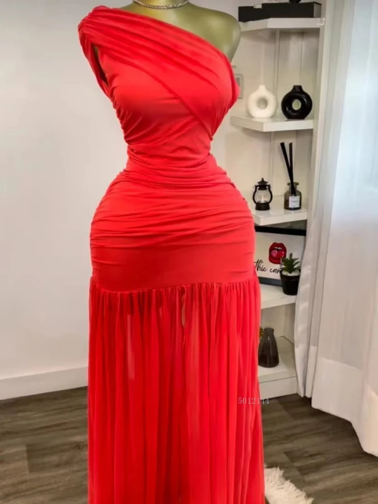 Stylish Evening Sexy Club Party Holiday Maxi Dress for Women Elegant Skew Neck One Sleeve Off Shoulder Mesh Slit Long Dresses