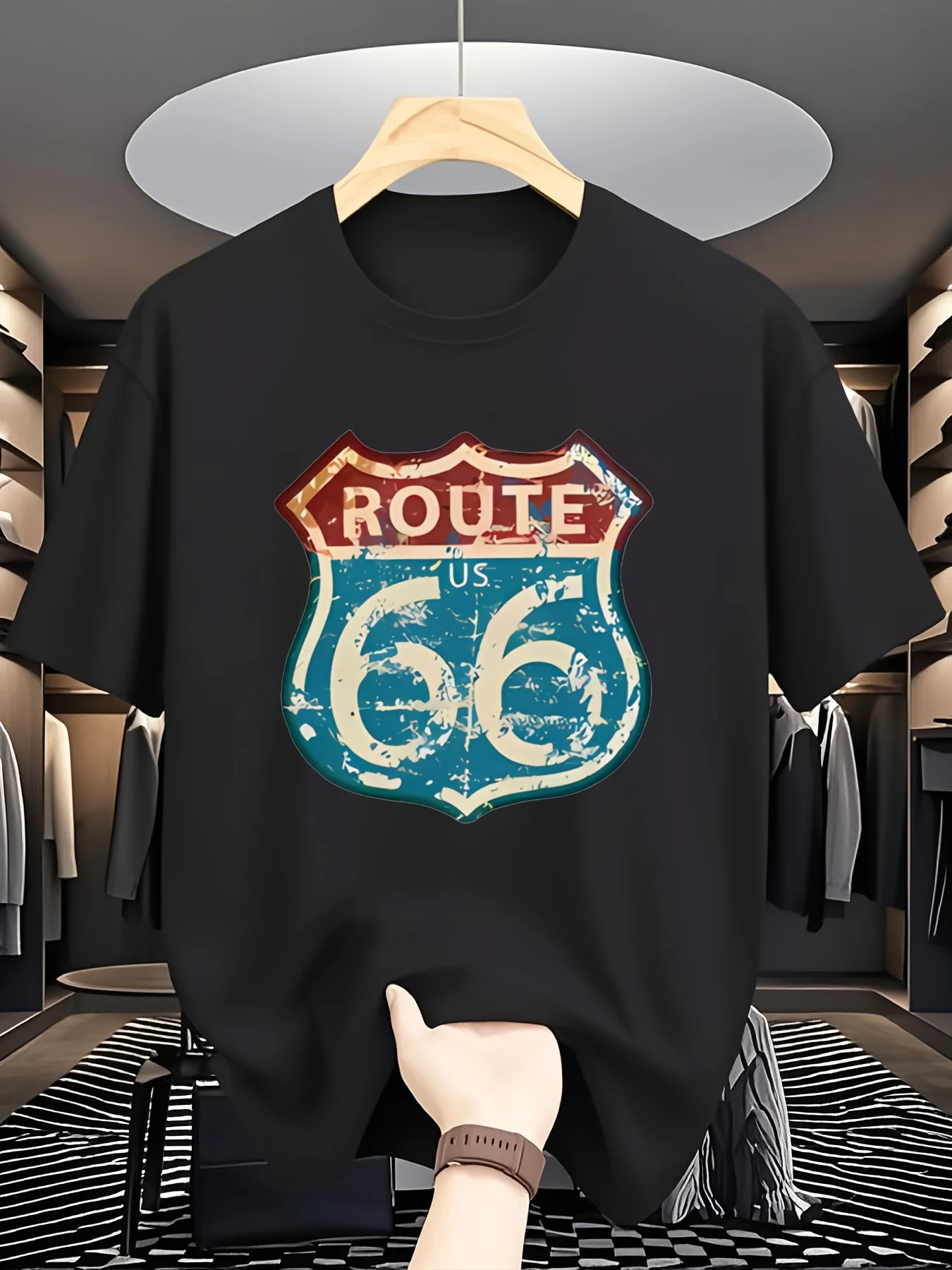Vintage Route 66 Shield Logo Black T-Shirt for Men | Casual Crew Neck, Short Sleeve, Distressed Design, Lightweight & Relaxed Fi