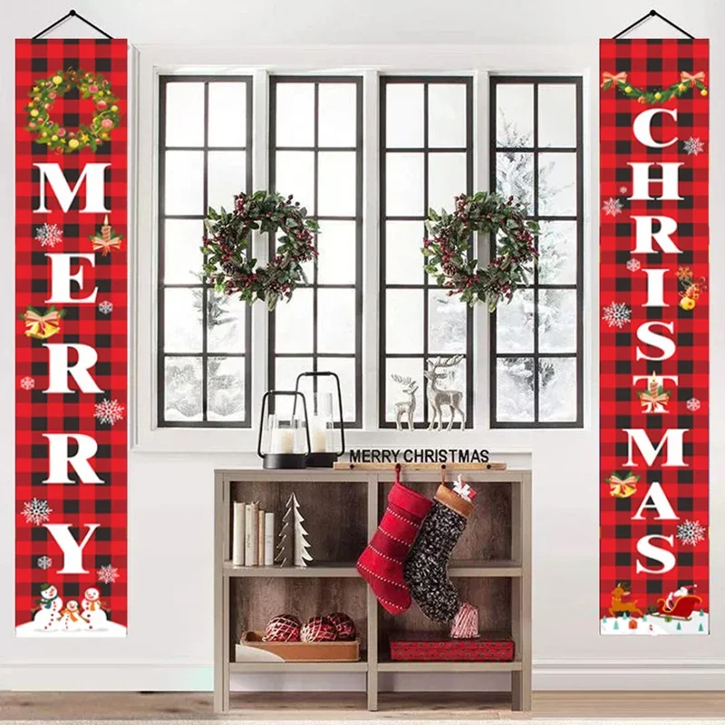 SDJ-E-30*180cm 2024 New Christmas Banner Couplet Background Red Plaid Christmas Holiday Party Courtyard Decoration Flag