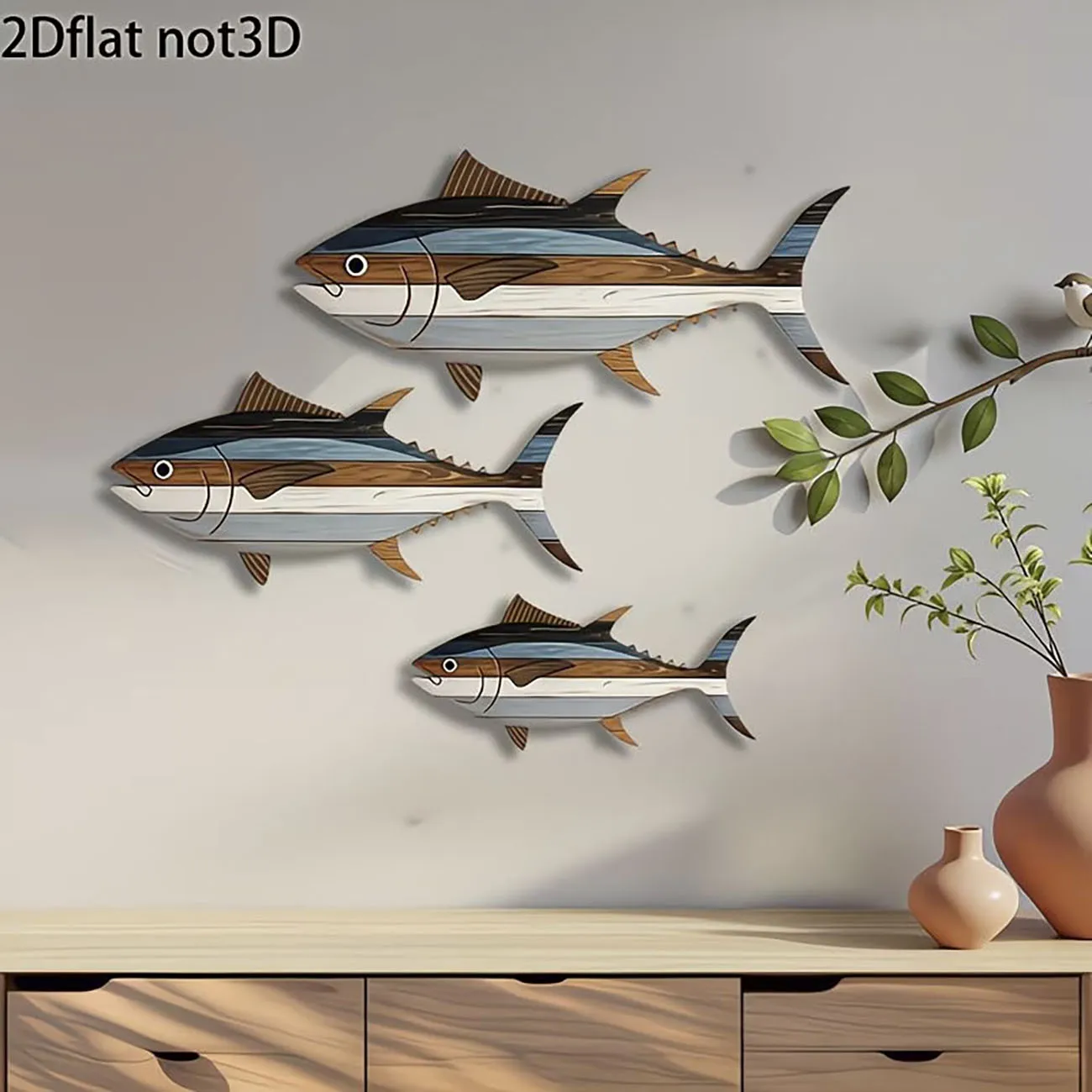 3Pcs Tuna Wooden Wall Decor Set, Patchwork Fish Cutout Ornaments with Nano Tape, Drill Free Nautical Coastal Style Wall Hanging