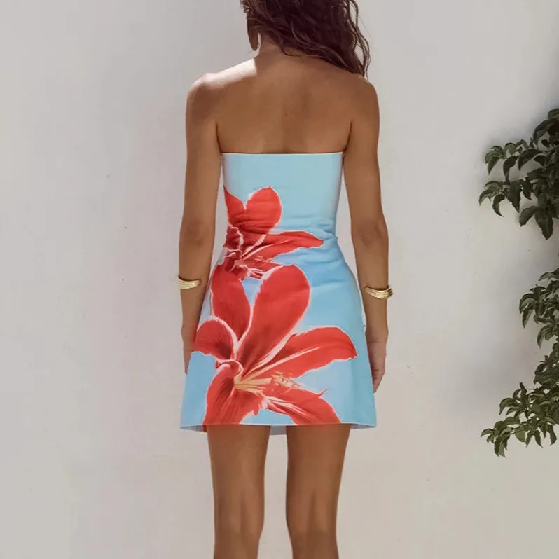Strapless Slim Floral Mini Dress Woman Flower Print Sexy Party Vintage Summer Evening Ladies Cheap Clothes Short Dresses Women view 5