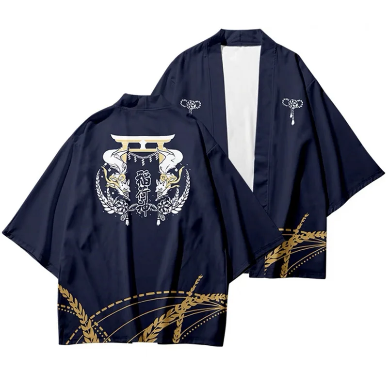 Anime Japan Inari No Kami 3d Kimono Shirt Nine Tailed Fox Print Men Women Seven Point Sleeve Tops Cardigan Jacket Streetwear 4XL