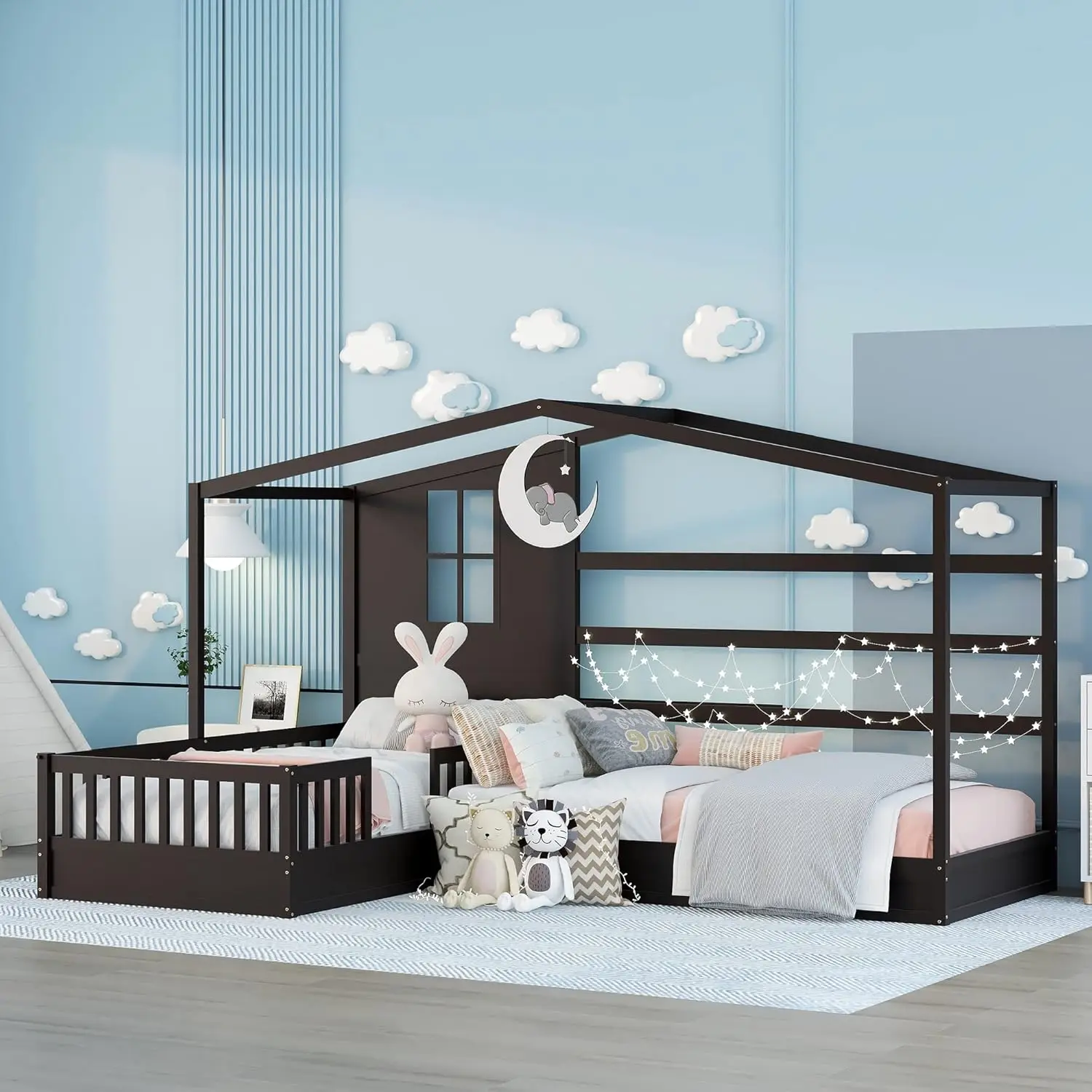 House Bed With Double Twin Beds, Wood L-Shaped 2 Twin Platform Beds With Roof ,Window,Fence And Slatted Design, Corner