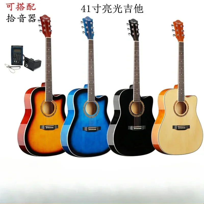 41 Inch Acoustic Guitar  Pickup Beginner 6 String Folk Guitar High Gloss Guitar Acoustic Wood Polished Mirror