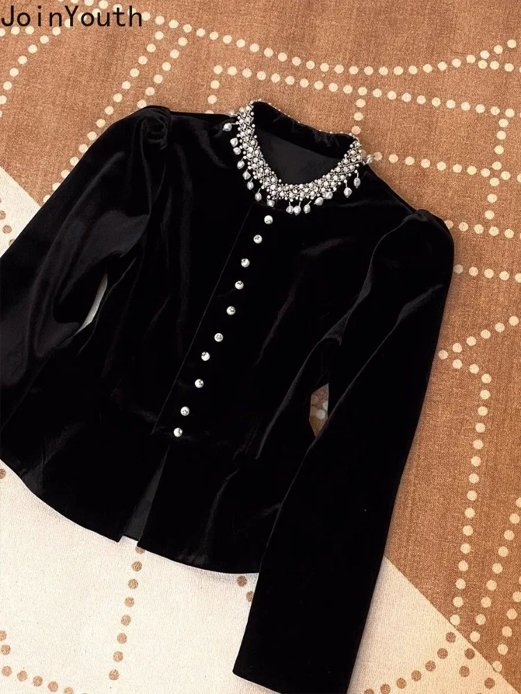 Blouses for Women Black Heavy Beading O-neck Puff Sleeve Shirts 2024 Blusas Mujer De Moda Slim Fit Velvet Vintage Blouse Tops