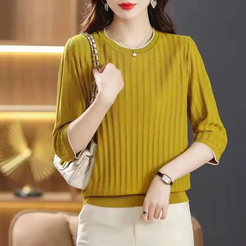 2023 New Spring Summer 3/4 Sleeve Loose O Neck Pullover Office Lady Korean Style Solid Color Fashion Casual T-shirts for Women