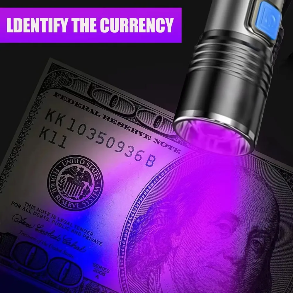 39nm الأشعة فوق البنفسجية LED مصباح يدوي USB قابلة للشحن الألومنيوم مقاوم للماء ضوء الشعلة التكبير الضوء الأسود أضواء الأشعة فوق البنفسجية #2