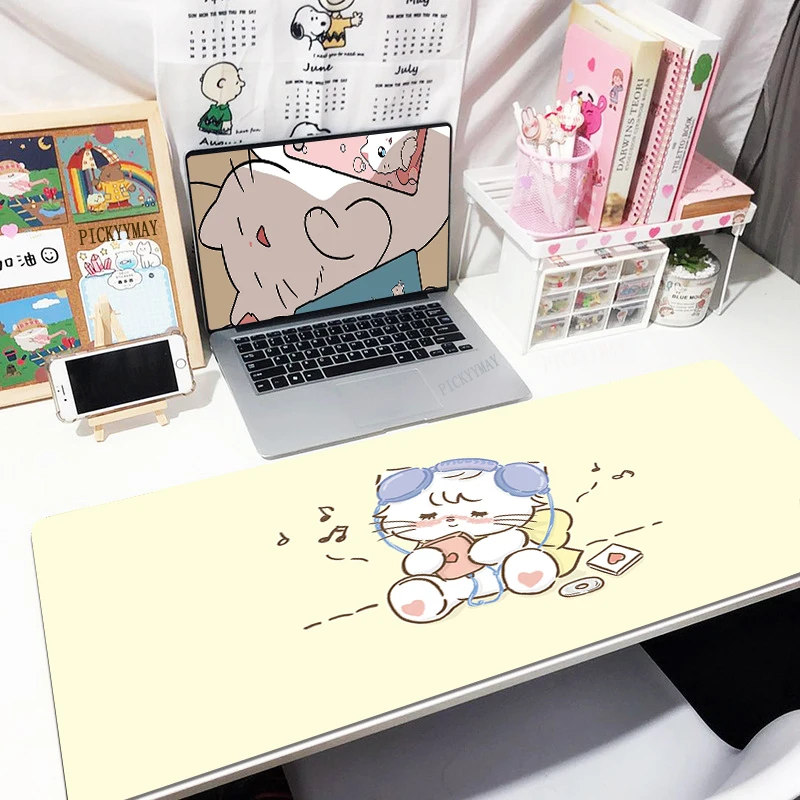 

Large Mousepads Cute Cat Mouse Pad Computer Mousepad Light Yellow Mouse Mat 90x40cm Desk Pads For PC Keyboard Mats Table Rug