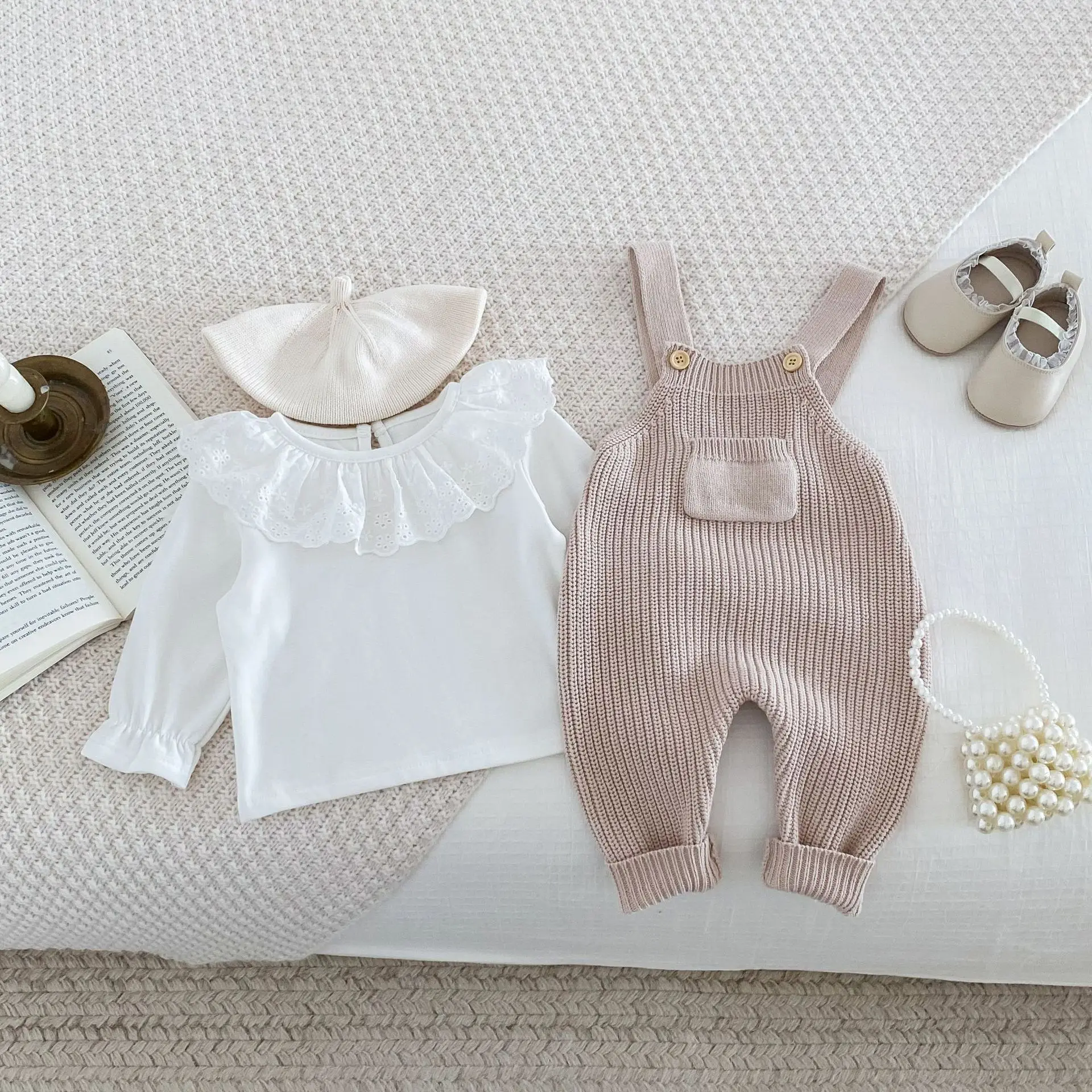 Korean Version of Baby Girl Jumpsuit Autumn Overalls Baby Stylish Small Pocket Knitted Crawling Clothes Sets