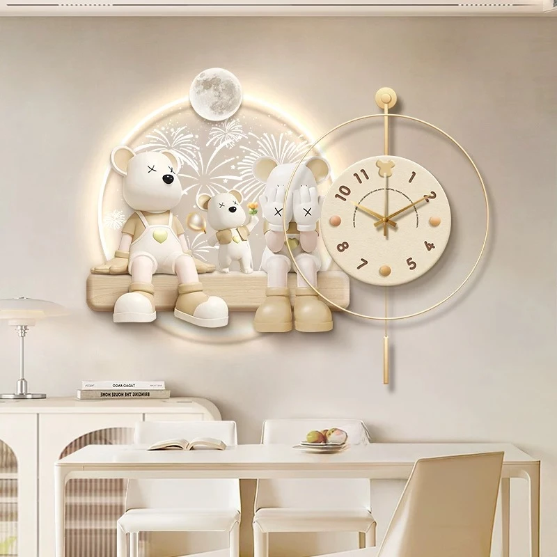 

Cream Style Living Room Decor Wall Clock Cartoon Bear Design Clock Mural LED Mute Watch Corridor Hanging Painting Quartz Clock