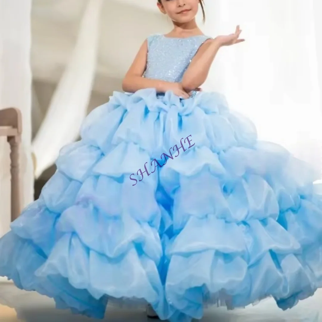 

Customized Spaghetti Straps Flower Girl Dress A-Line Pleated Ruffles Beading Ball Gowns With Bow Tulle First Communion Birthday