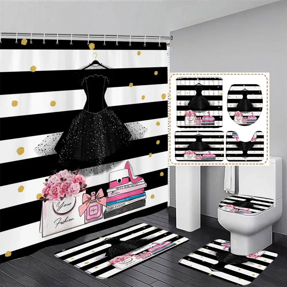 Valentine's Day Shower Curtain, Rose High Heels Lipstick Perfume Bottle Black and White Striped Romantic Bath Mat Bathroom Decor