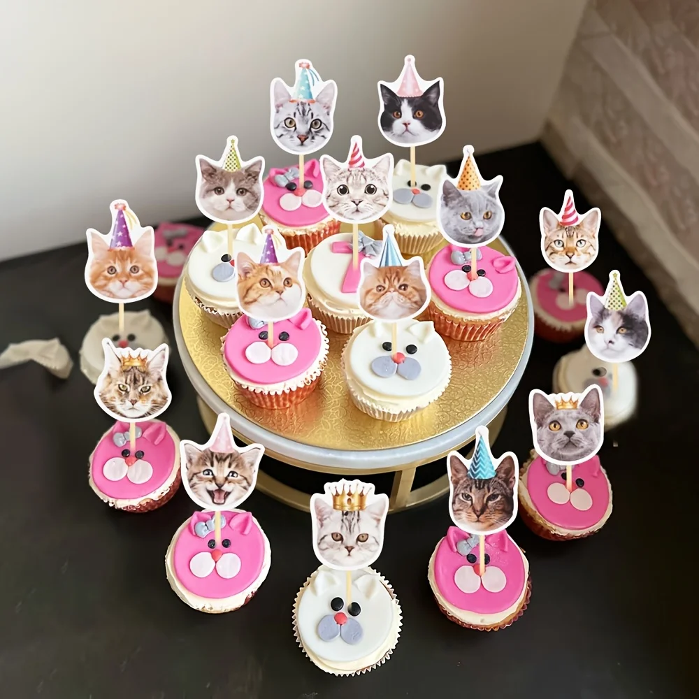 16-teiliges Haustier-Themen-Set Ungiftige Cupcake-Topper DIY Geburtstags-Requisiten Heimparty-Dekoration Cartoon-Katzenkopf-Einsteckkarten Dessert-Kuchenflaggen