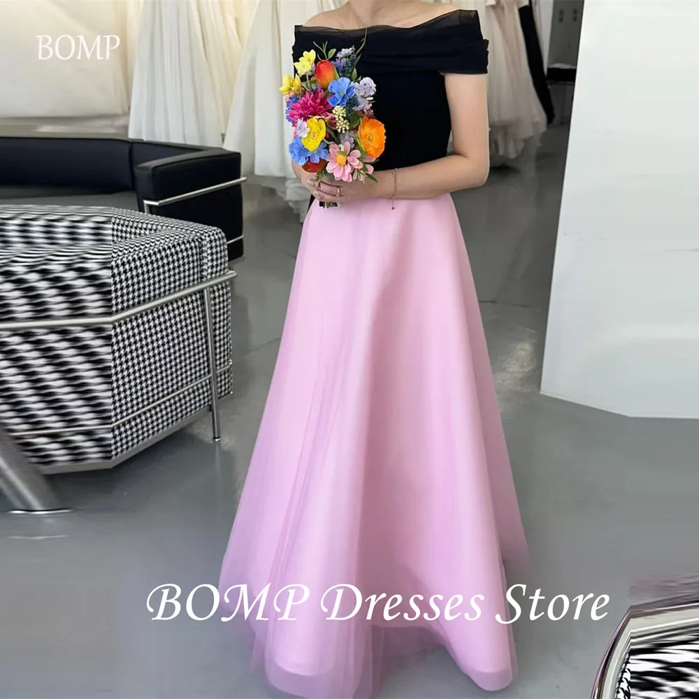 BOMP Simple Pink And Black Evening Dresses With Bolero Tulle Floor length Formal Party Dresss Photo shoot Korea Customized