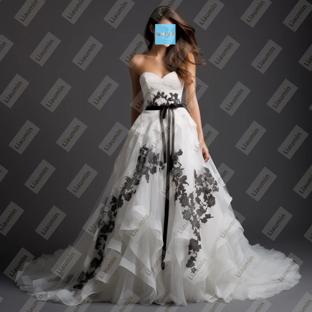 Modern Style A Line White Tulle Black Lace Applique Full Length Prom Formal Wedding Dresses Evening Lace-Up Customized A8.1.3
