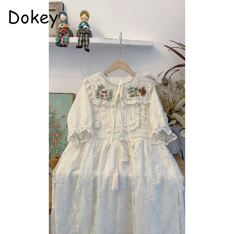 Vintage Embroidery White Lace Dress Women Mori Girl Peter Pan Collar Kawaii Dress Japan Style Short Sleeve Loose Midi Vestidos