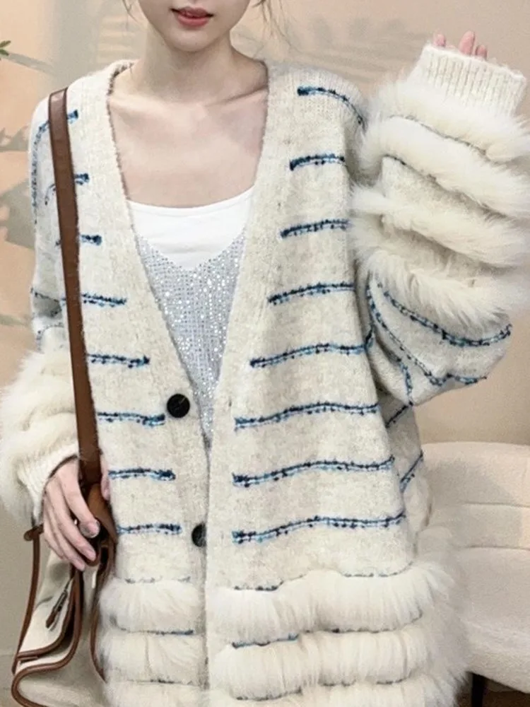 ZMEENNA Womens Elegant Faux Fur Trim Knit Cardigan Sweater With V Neck And Button Closure Casual Outerwear ZM3643