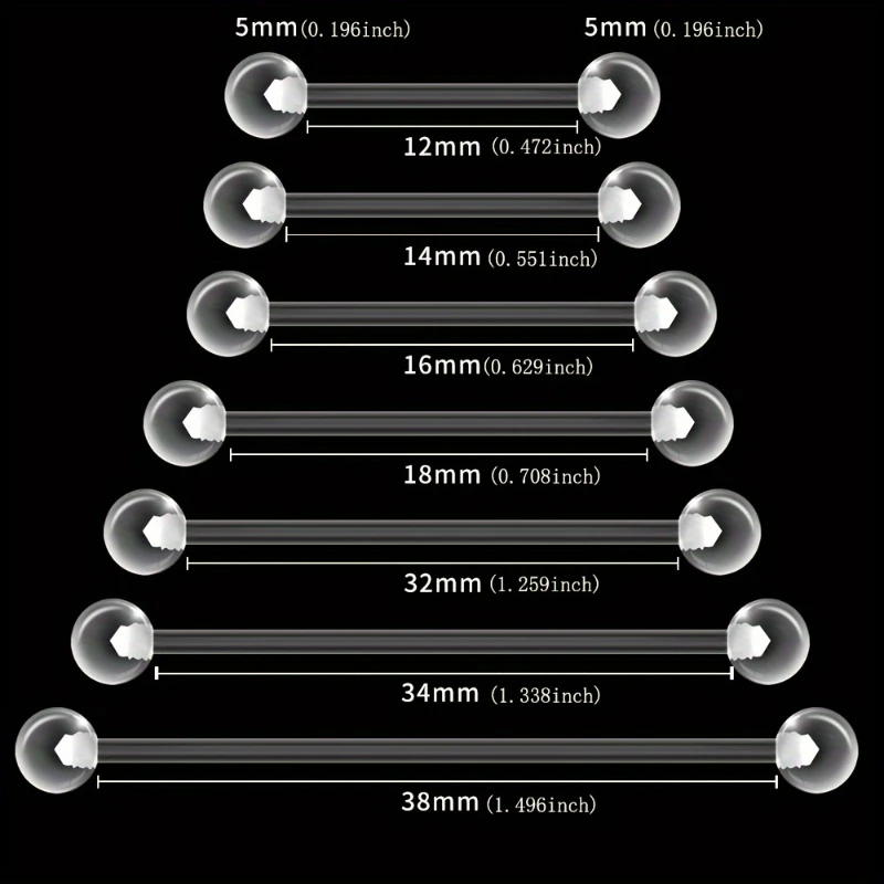 JKC Store 10pcs Acrylic Barbell Set Flexible Clear Body Piercing Jewelry for Tongue Nipple Cartilage Industrial Helix 12-38mm
