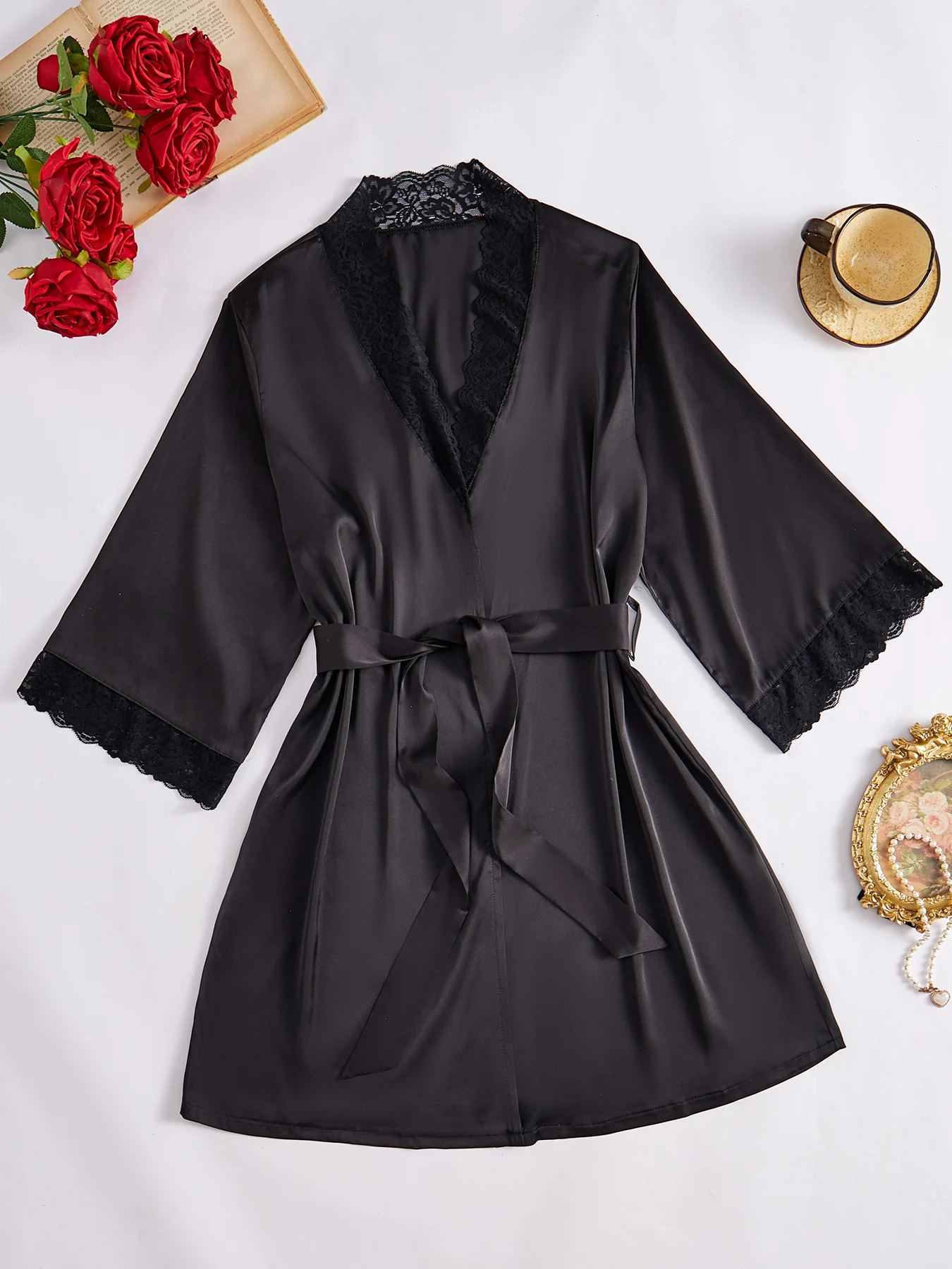 

2024 new style nightgown spring and autumn black mid-length loose lacy lace binding dress