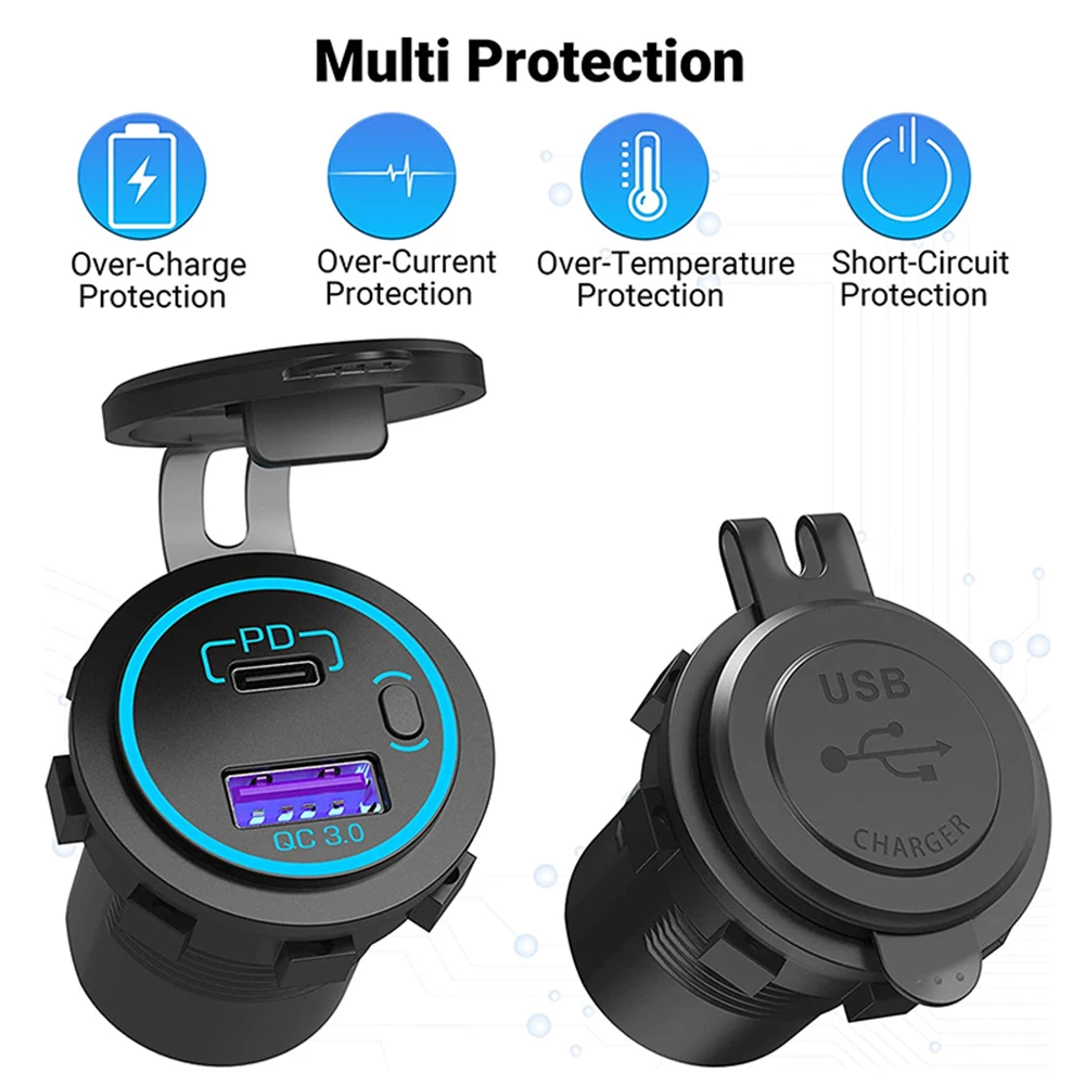 48W Usb Poort Charger Car 12V Outlet Laptop Charger USB C PD 18W QC3.0 Car Port Socket Waterproof with Power Switch For RV Car