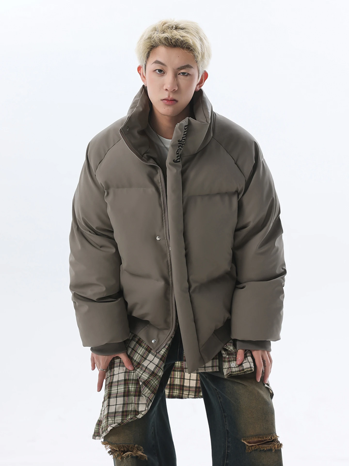 

American Retro PU Leather down Cotton Jaet Men's Winter Trend Brand High Sense Embroidered Cotton Coat ort Bread Sle