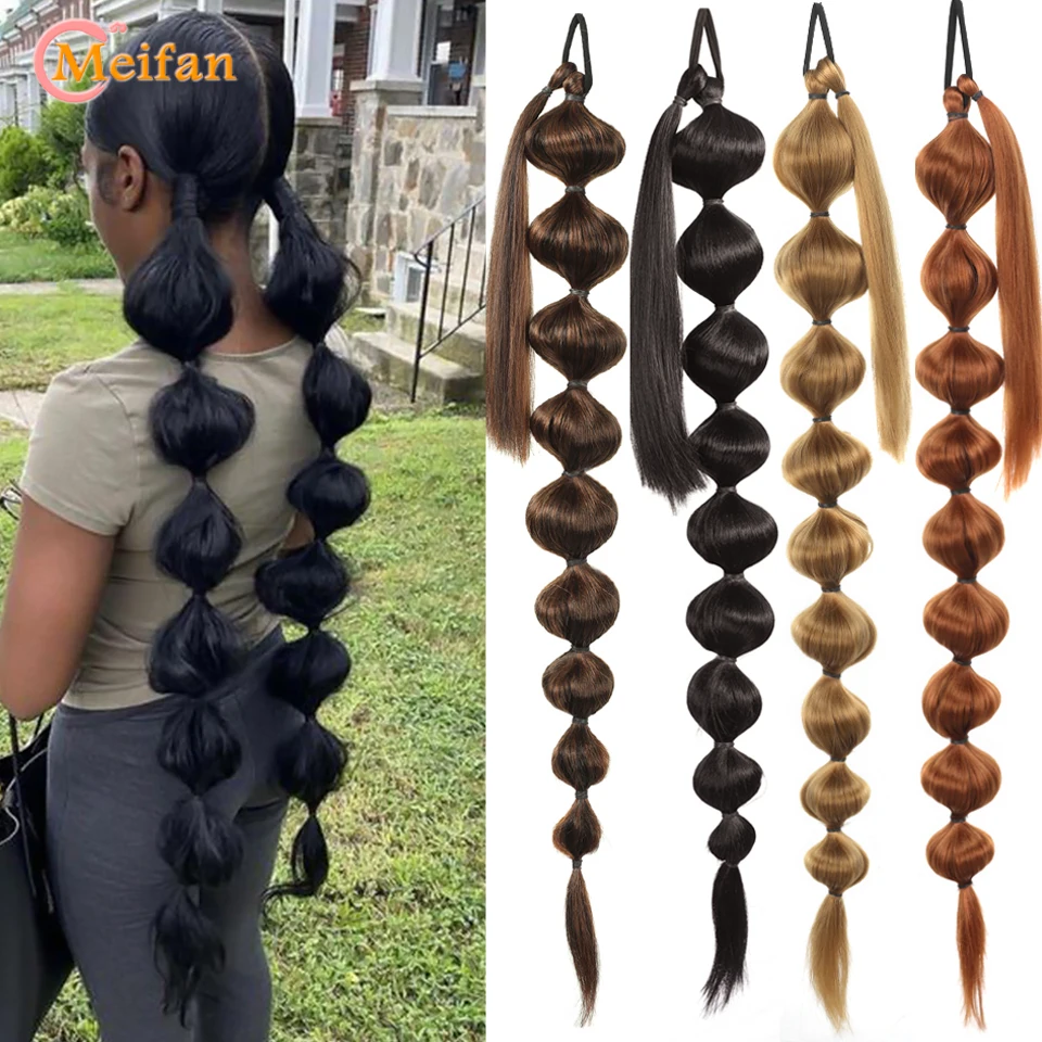 MEIFAN Synthetic Long Bubble Ponytail Hair Extensions Black Brown Bubble Braids Ponytail Wrap Around Lantern Pony Tail For Women