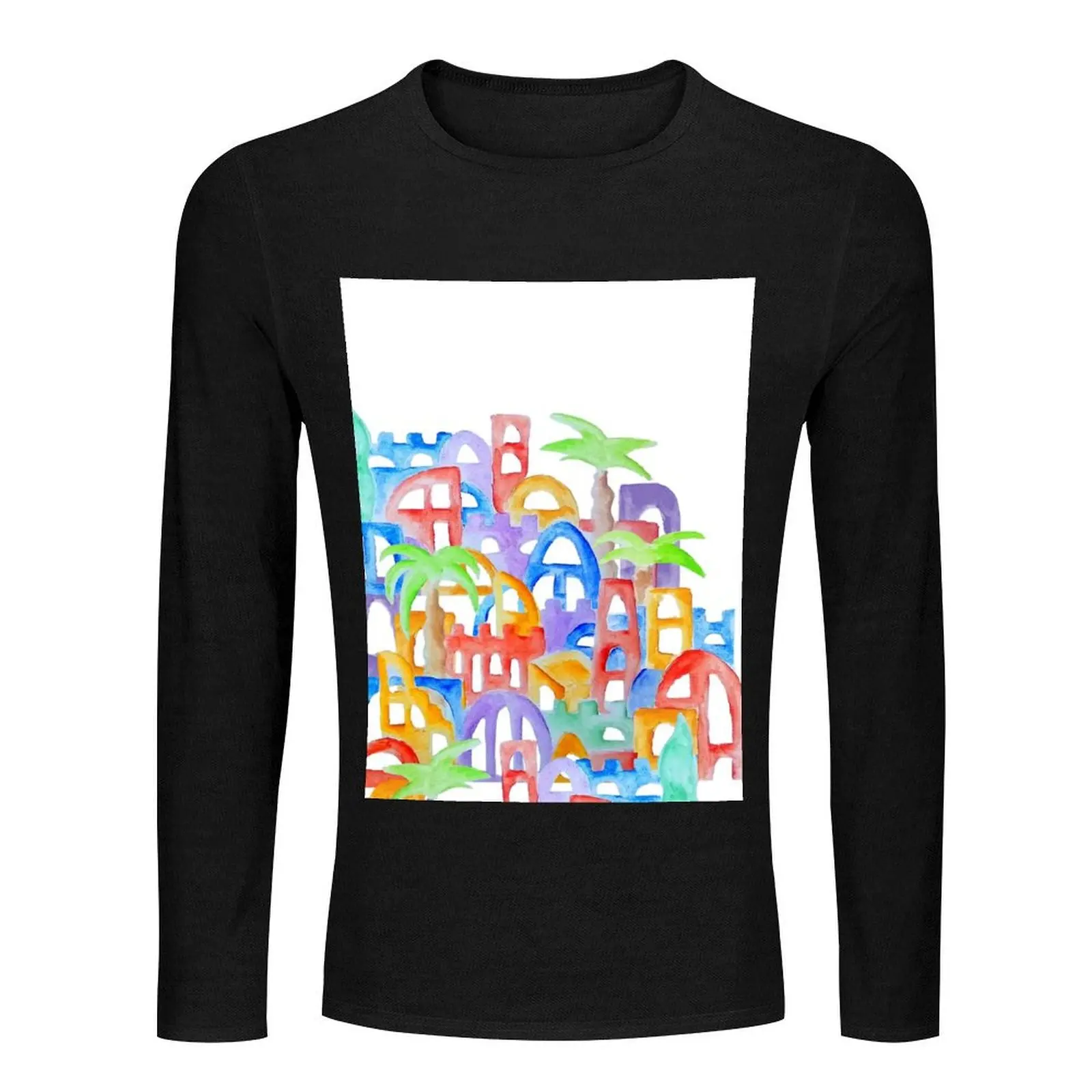 Colorful Oriental Watercolor City Cinque Terre Aquarelle Drawing Long T-Shirt sweat shirts mens t shirt