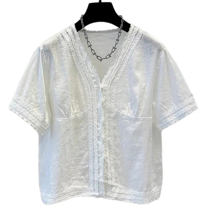 Chemisier en mousseline de soie pour femmes, vêtements de Style coréen, col en v, manches courtes, coupe ample, décontracté, haut tendance, nouvelle collection