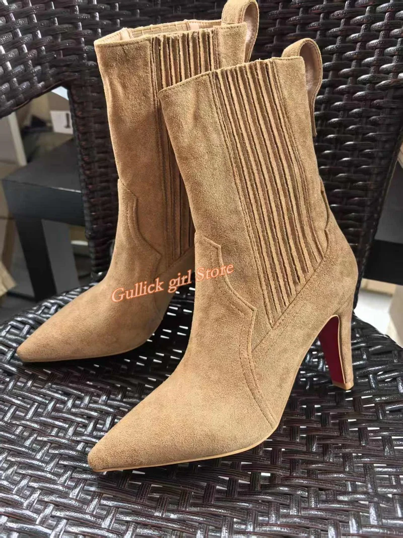 الجلد المدبوغ البني الكاحل الجوارب مثير مدبب تو الانزلاق على المدرج 2026 الشتاء الخريف الصورة الحقيقية اليدوية فستان أحذية رقيقة عالية الكعب #1