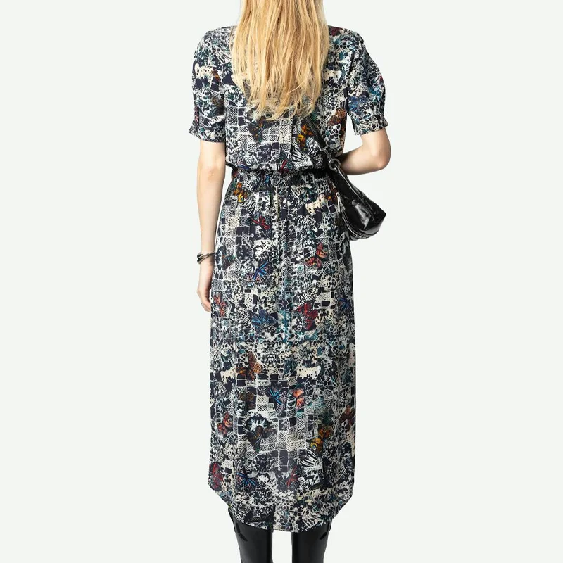 Zadig Female Short Sleeve Dress Casual Elasticated Waist Dresses Women Button Long Jupes Skirt Abstract Print Robes Viscose Robe